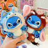 A hand is holding a Stitch Animal Series plush blind box collectible pendant featuring blue and brown fur.