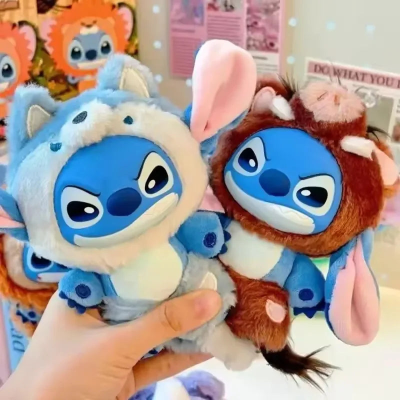 A hand is holding a Stitch Animal Series plush blind box collectible pendant featuring blue and brown fur.