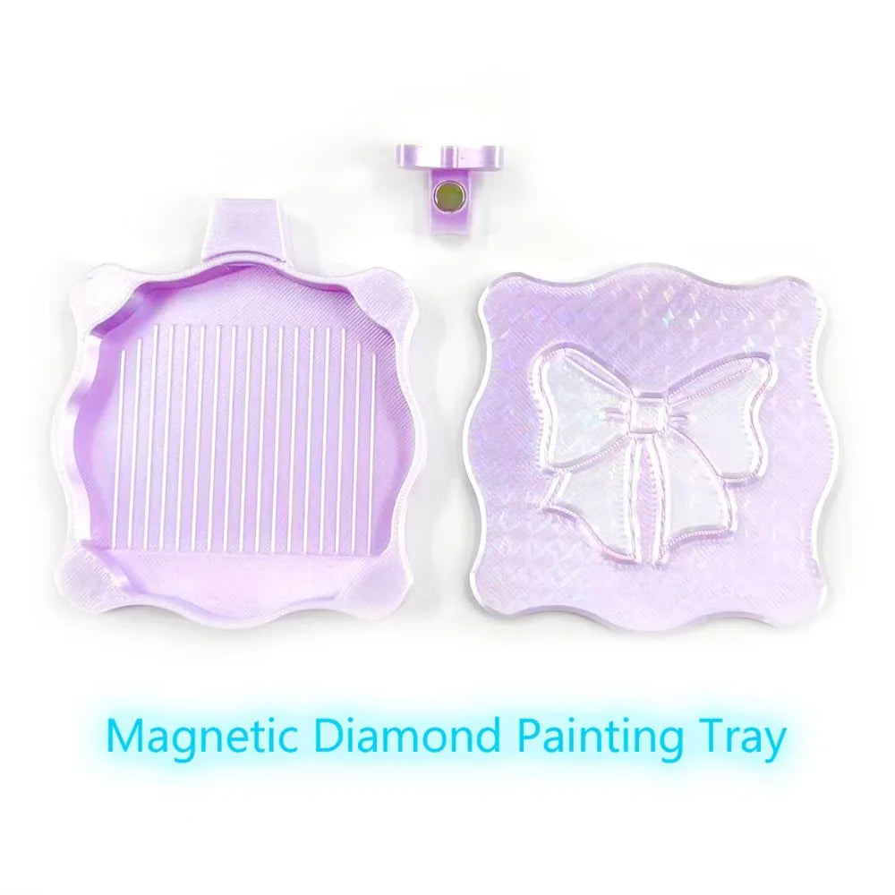 A purple magnetic diamond painting tray with a lid and a decorative bow design.