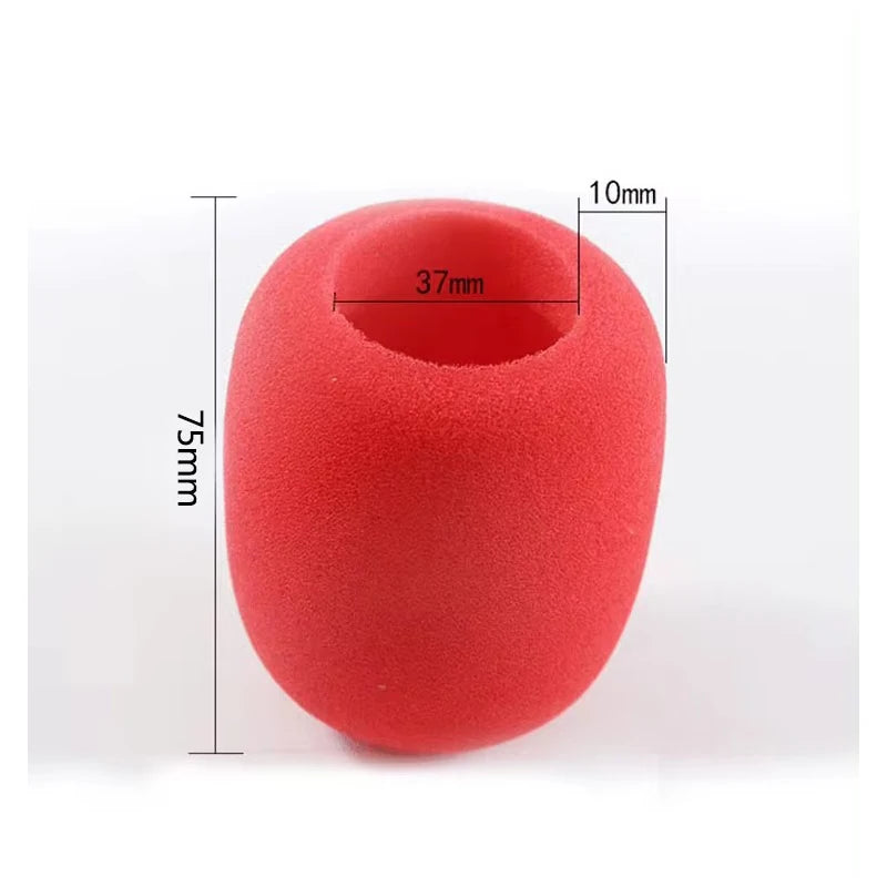 A red foam windscreen pop filter cover with a central opening and marked dimensions.