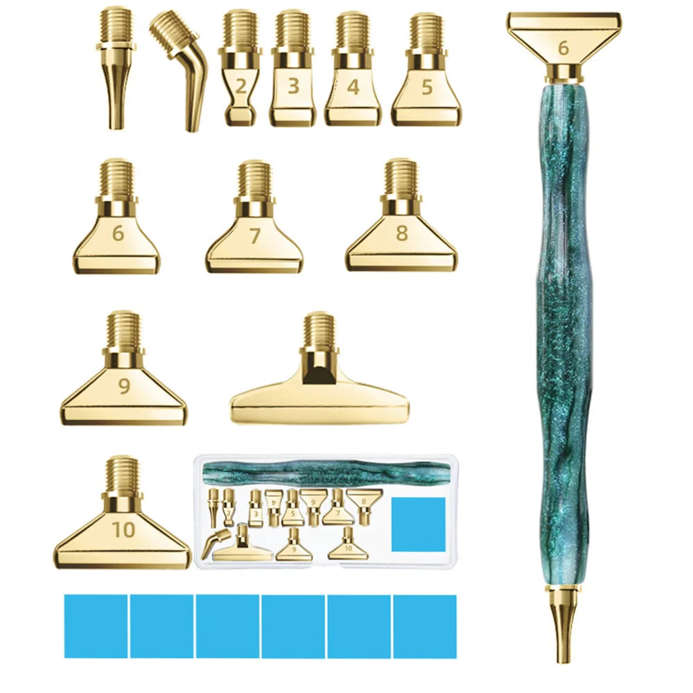 A set of ten diamond painting pens with interchangeable metal tips and multi-placers shown in various configurations.