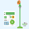 A green automatic sunflower bubble machine with a long pole and battery is shown next to its components.