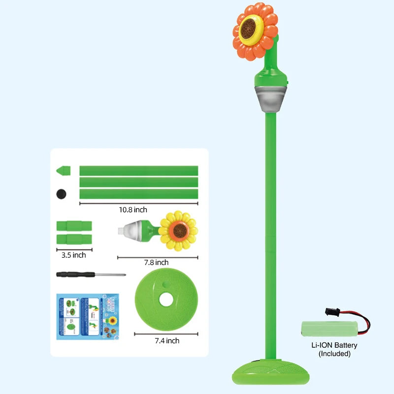 A green automatic sunflower bubble machine with a long pole and battery is shown next to its components.