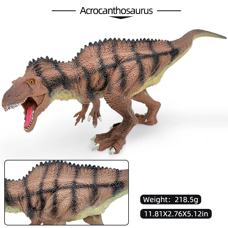 A hand-painted realistic model of an Acrocanthosaurus dinosaur figure.
