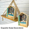 A wooden miniature bookshelf decor set with a slanted roof and glass display filled with colorful books.