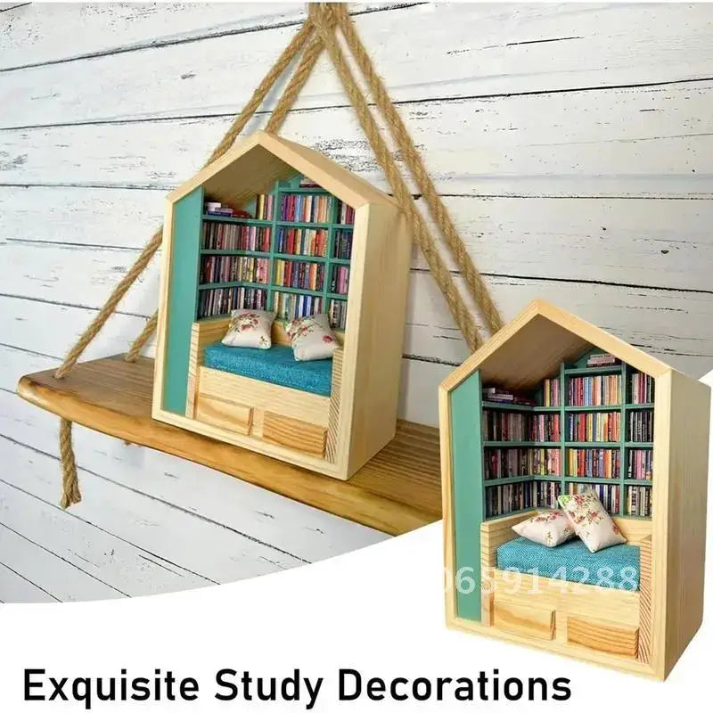 A wooden miniature bookshelf decor set with a slanted roof and glass display filled with colorful books.