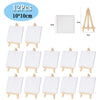 A set of twelve mini wooden easels with white canvases and wooden stands for children's art projects.