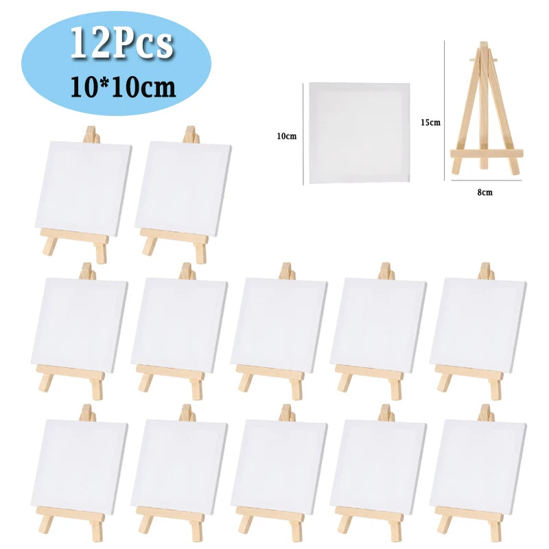 A set of twelve mini wooden easels with white canvases and wooden stands for children's art projects.