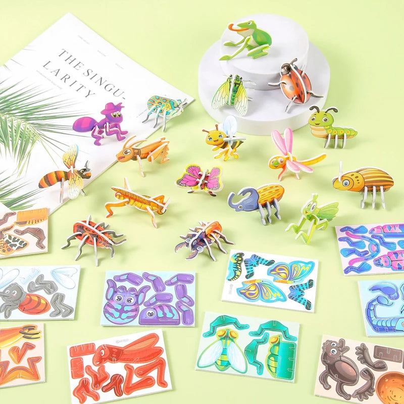 A collection of 3D DIY cardboard puzzle pieces featuring various animals, dinosaurs, insects, and vehicles.