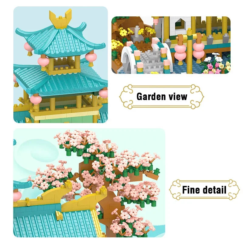 A set of retro Chinese villa micro building blocks featuring a tiled roof, courtyard, and detailed garden view.