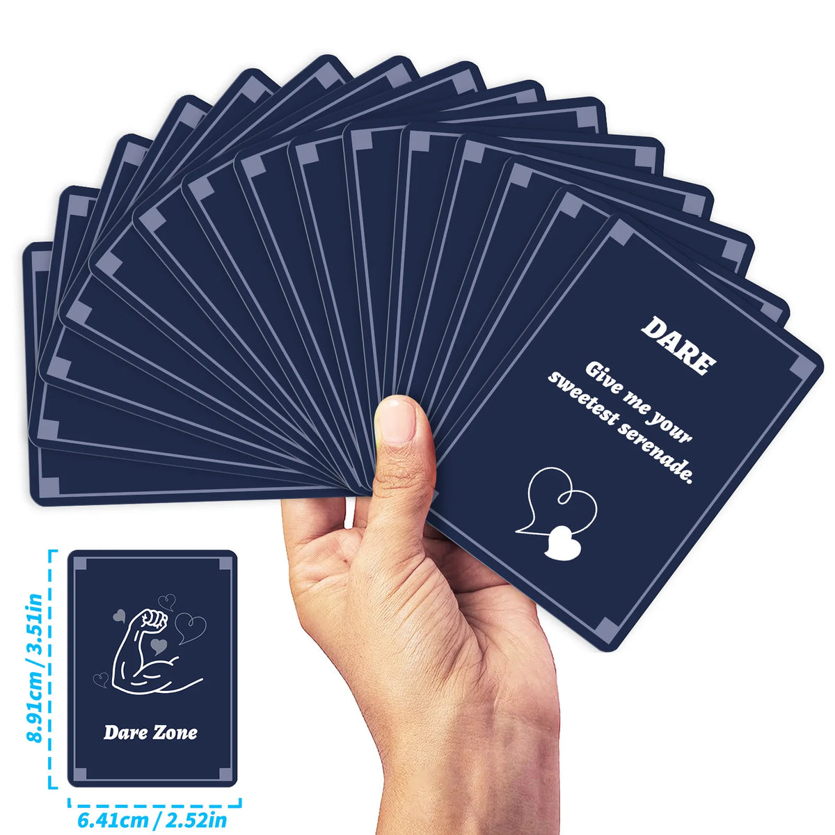 A hand holds a fan of dark blue dare cards with the word DARE on them.