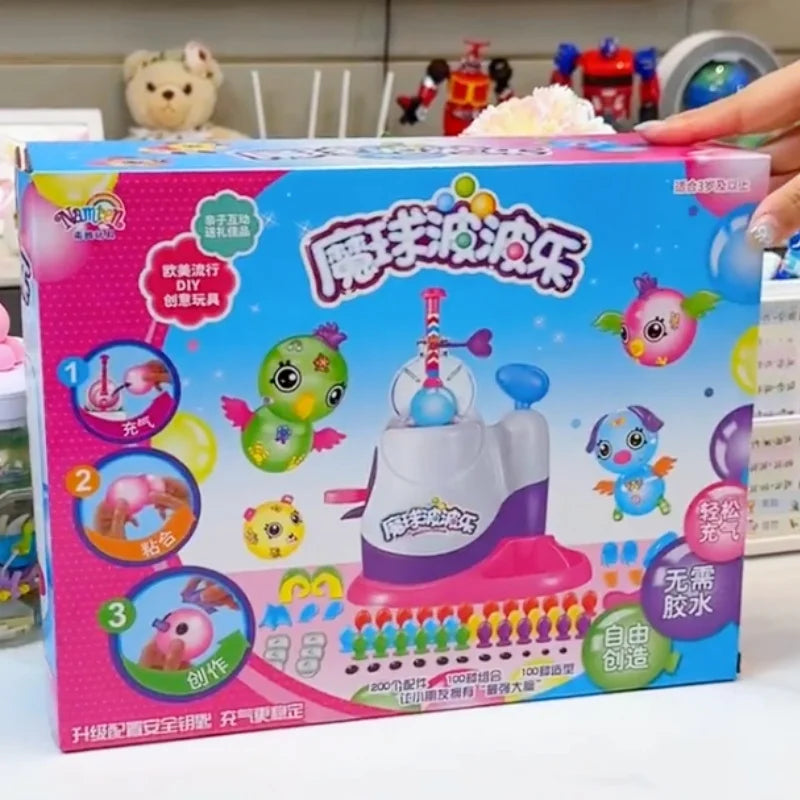 A box of a creative DIY balloon modeling kit featuring an inflator tool and various colorful balloons.