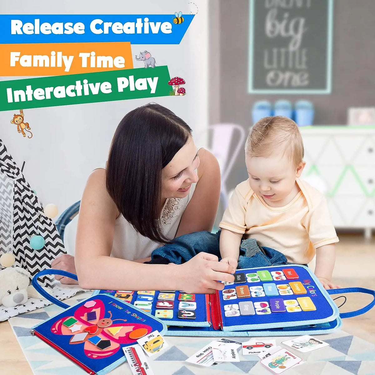 A woman is engaging a toddler with a Montessori busy board for sensory activity and learning.