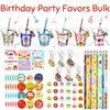 Bulk set of birthday party favors including cups, stickers, and pencils for goodie bags