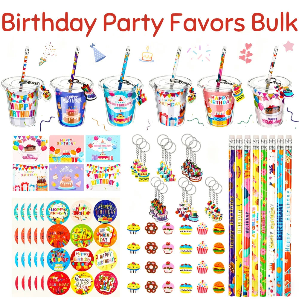 Bulk set of birthday party favors including cups, stickers, and pencils for goodie bags