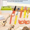 A cardboard structure toolkit showing cutting, folding lines, punching, and screwing tools alongside a finished dinosaur mode