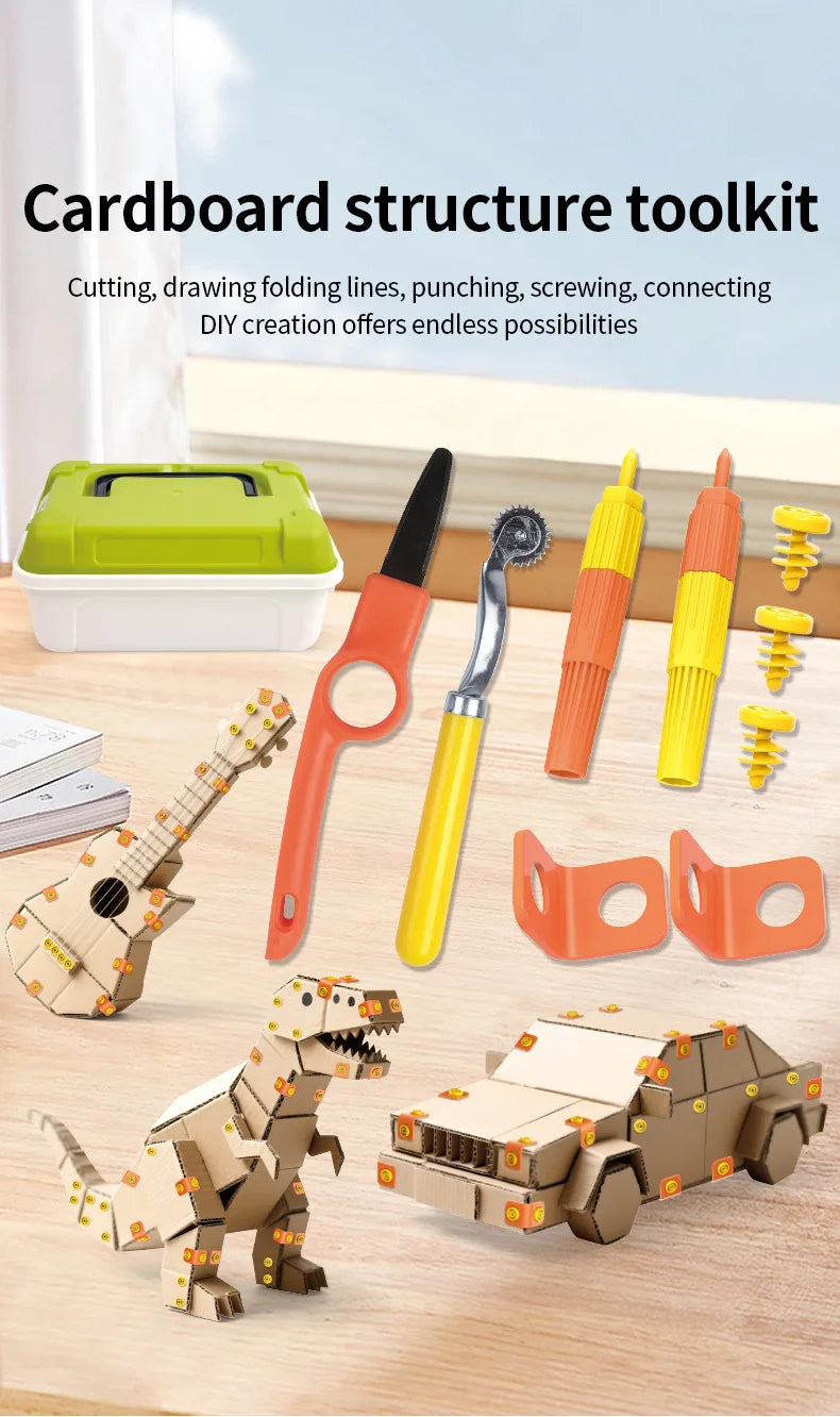 A cardboard structure toolkit showing cutting, folding lines, punching, and screwing tools alongside a finished dinosaur mode