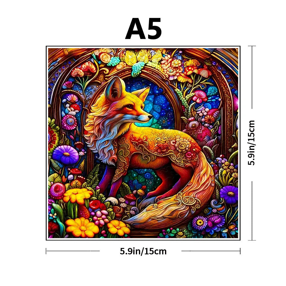 A detailed illustration of an orange fox surrounded by vibrant flowers and foliage, suitable for a wooden jigsaw puzzle.