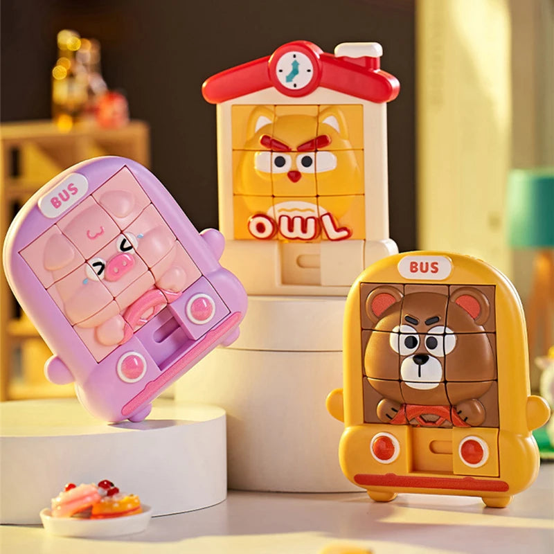 A set of three animal slide puzzles featuring a bus, owl, and bear for children's logical thinking and travel fun
