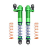 A pair of green adjustable aluminum shock absorbers with coil springs and mounting hardware.