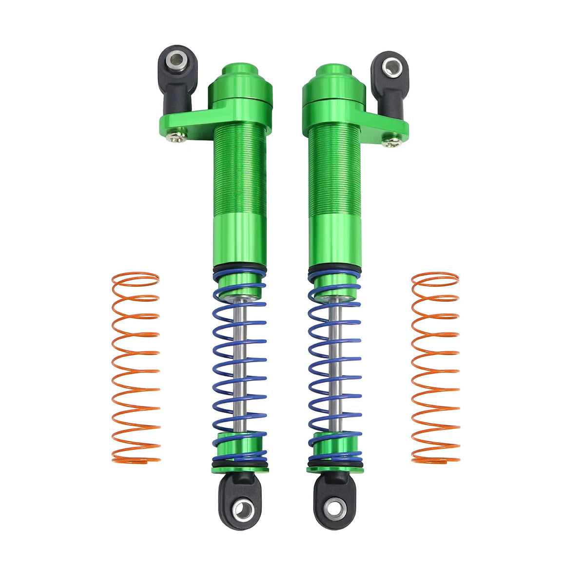 A pair of green adjustable aluminum shock absorbers with coil springs and mounting hardware.