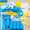 A set of 31 kids pretend play doctor and nurse medical kit including a stethoscope, various tools, and plastic teeth.