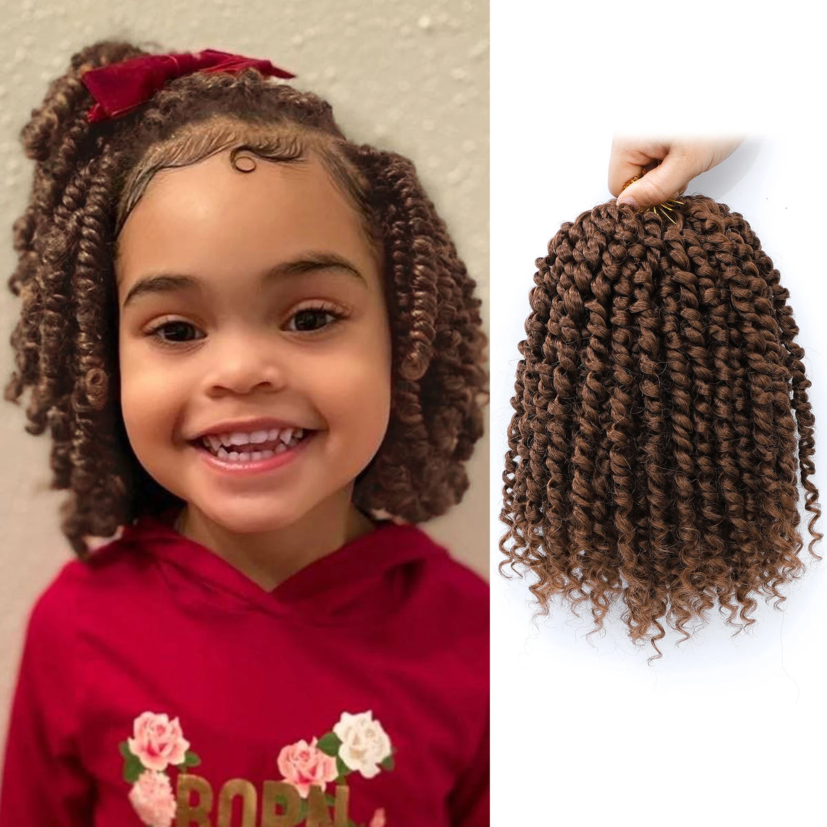A close-up photo of a young girl smiling while wearing a red hoodie, next to a bundle of pre-looped passion twist crochet hai
