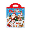 A red Christmas-themed sticker book featuring various holiday scenes and characters on a blue background.