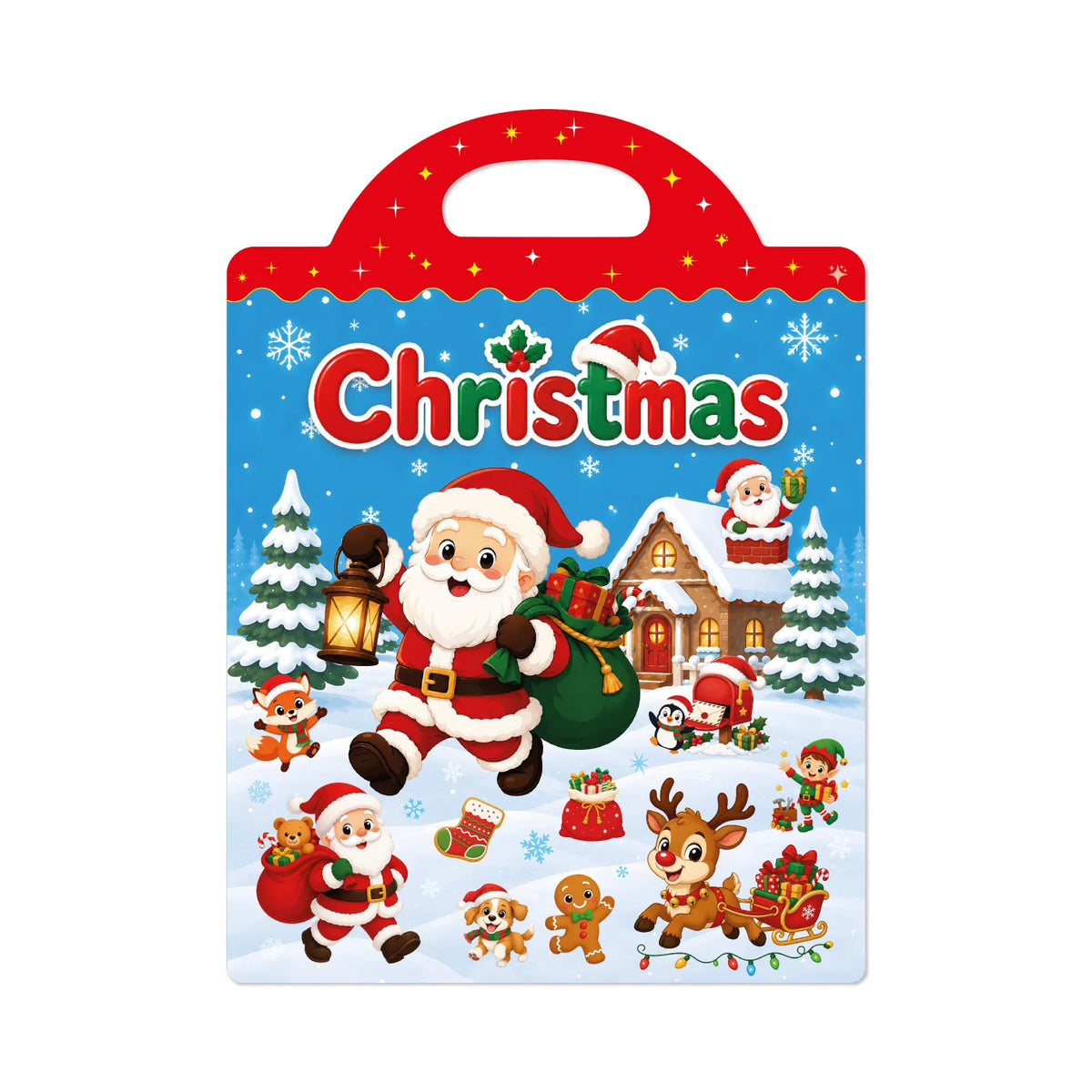 A red Christmas-themed sticker book featuring various holiday scenes and characters on a blue background.