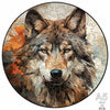 A jigsaw puzzle of a wolf's head featuring brown and gray fur with yellow eyes.