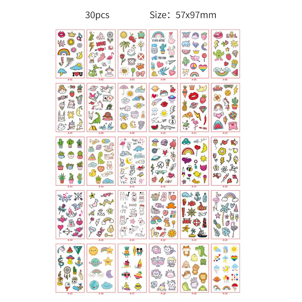 A grid display of 30 packs of temporary tattoos featuring various colorful and whimsical designs for kids and adults.