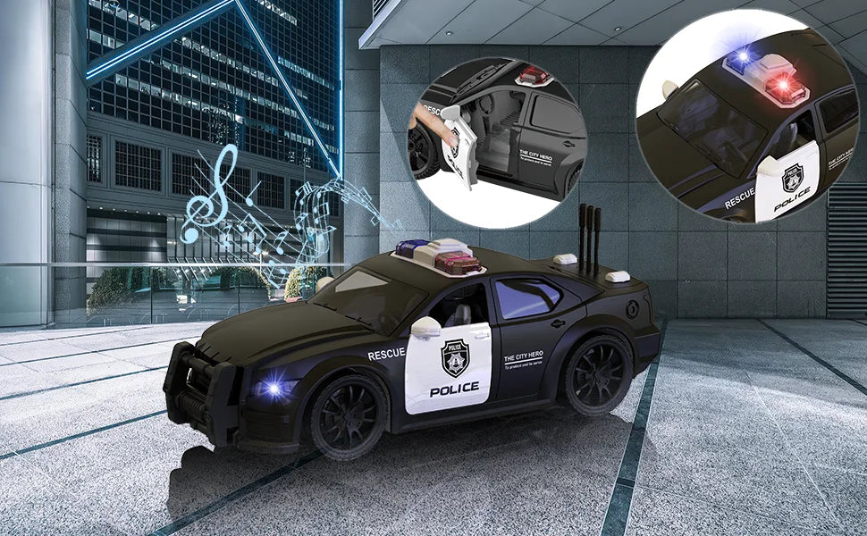 A black emergency vehicle playset with rescue equipment and police markings is shown in a modern setting.