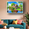 A scenic painting of a Dutch village with a house, green trees, and a water canal.