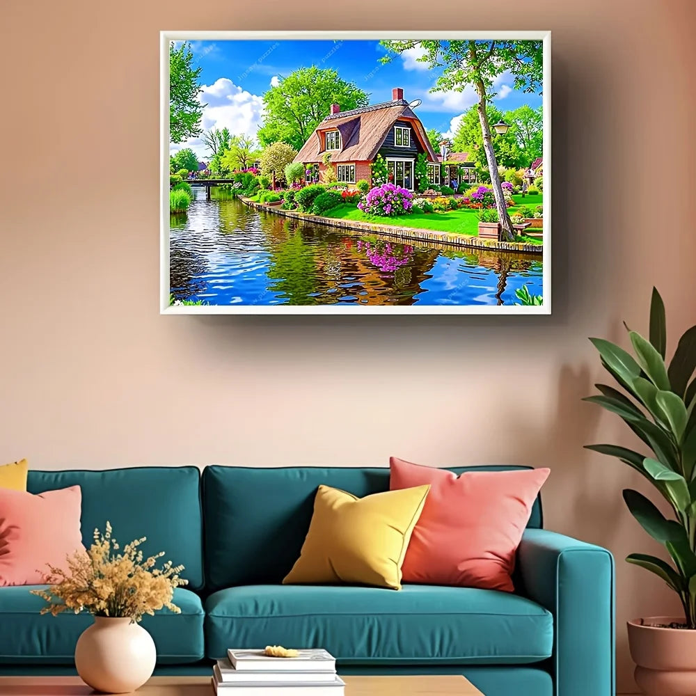 A scenic painting of a Dutch village with a house, green trees, and a water canal.