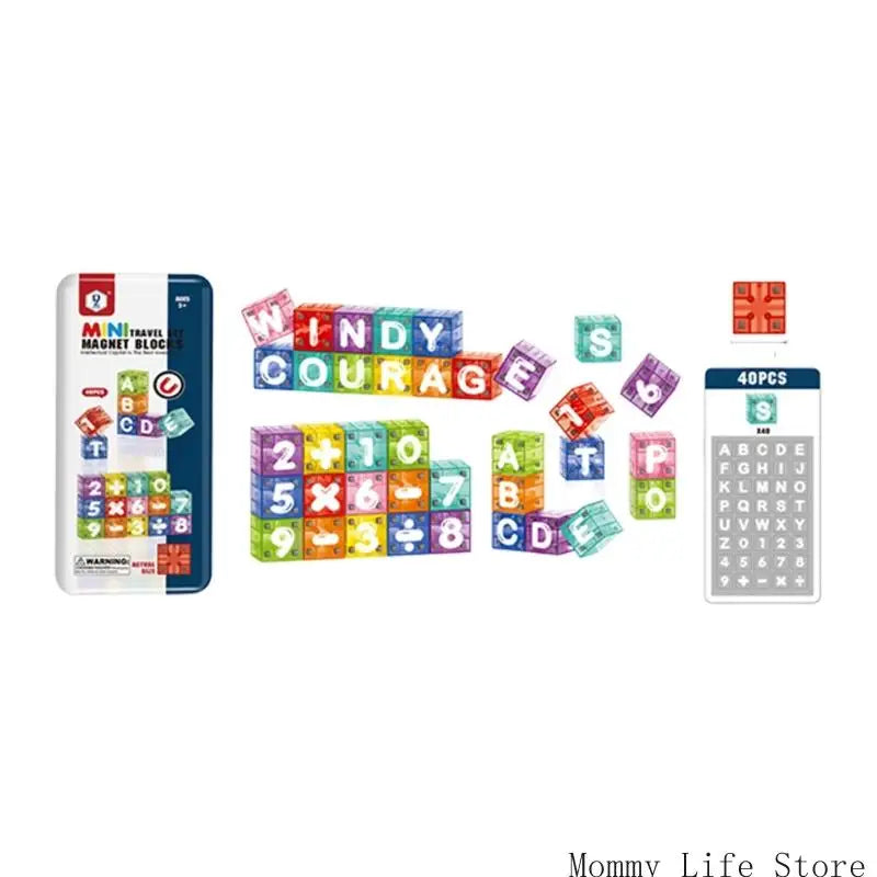A box of magnetic letter and number blocks for toddlers featuring various letters and numbers.