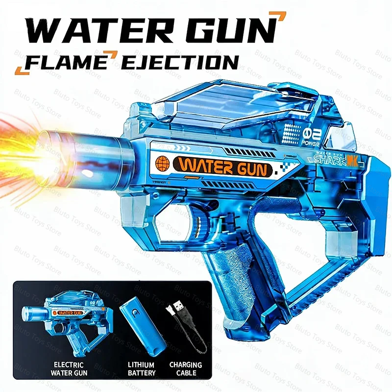 Blue electric water gun with flame ejection feature and lithium battery