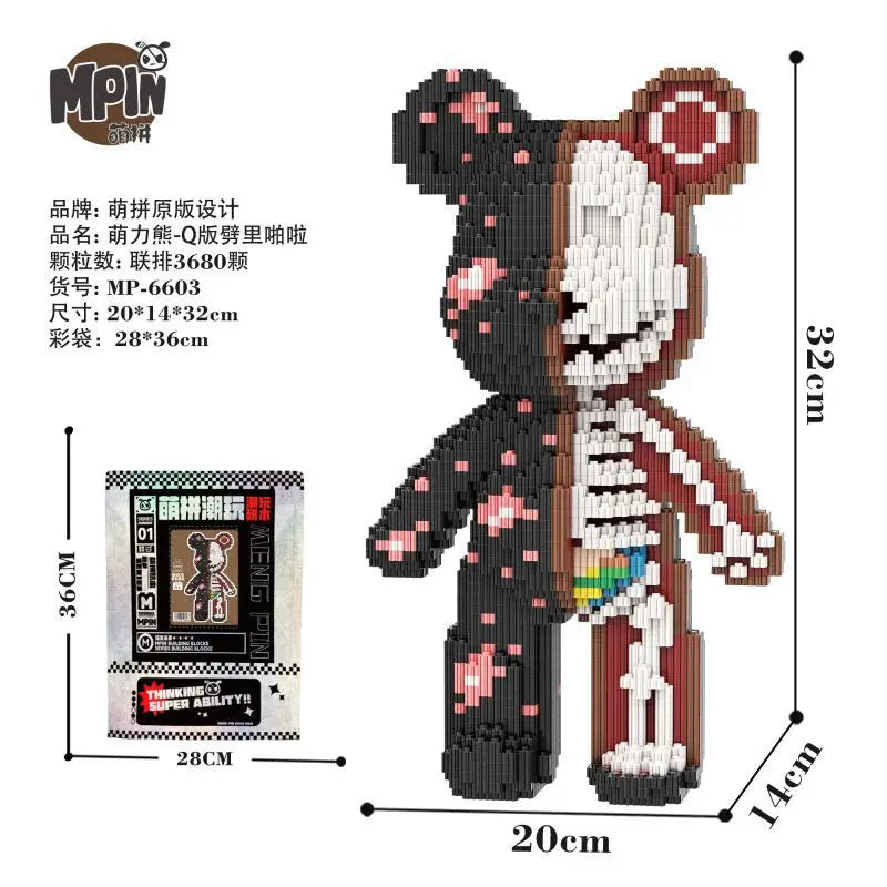 A detailed brick building block set shaped like a bear, featuring half anatomy fluid art design.