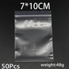 A clear resealable plastic bag containing 50 pieces of small items, with dimensions 7x10cm and a weight of 48g.
