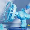 A light blue electric bubble machine is shown spraying bubbles against a white background.
