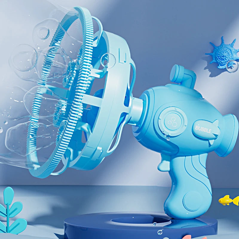 A light blue electric bubble machine is shown spraying bubbles against a white background.