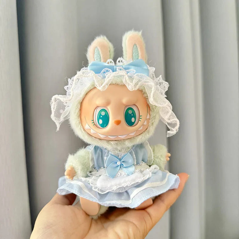 A cute strawberry party doll outfit featuring light blue and white lace details.