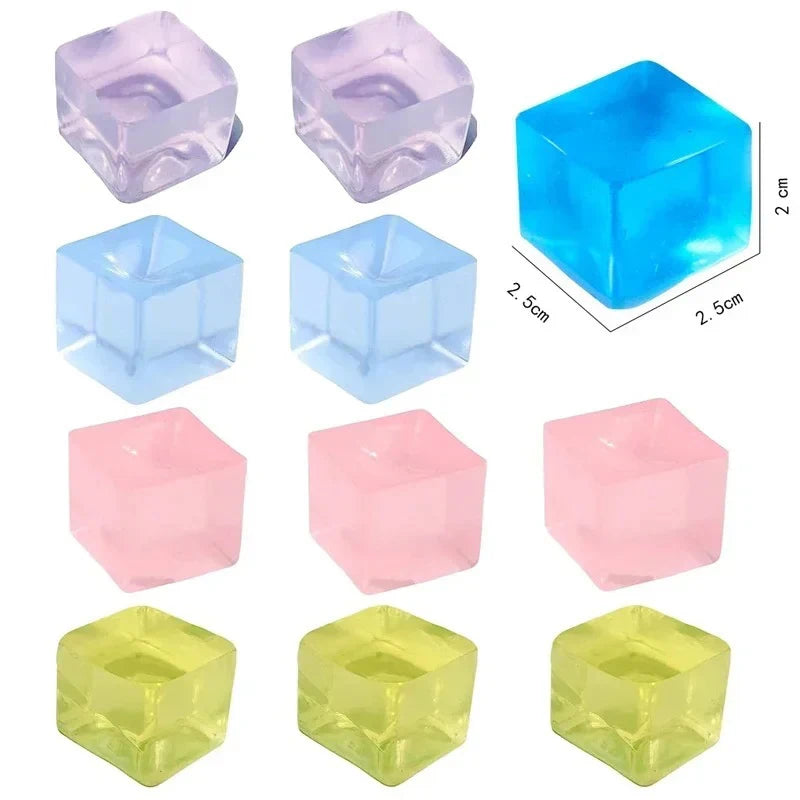 A collection of clear, colored ice cube squishy fidget toys in various shades including purple, blue, pink, and yellow.