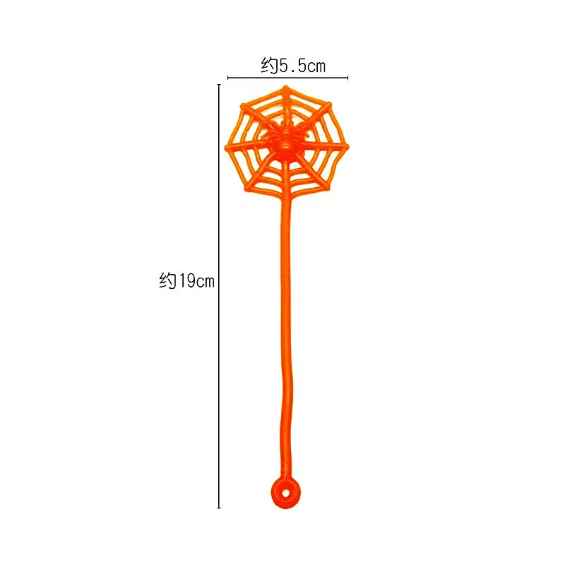 Orange stretchy spider web toy with a 5.5cm spread and a 19cm stick.