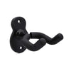 Black adjustable wall-mounted guitar hanger with a curved hook for hanging instruments