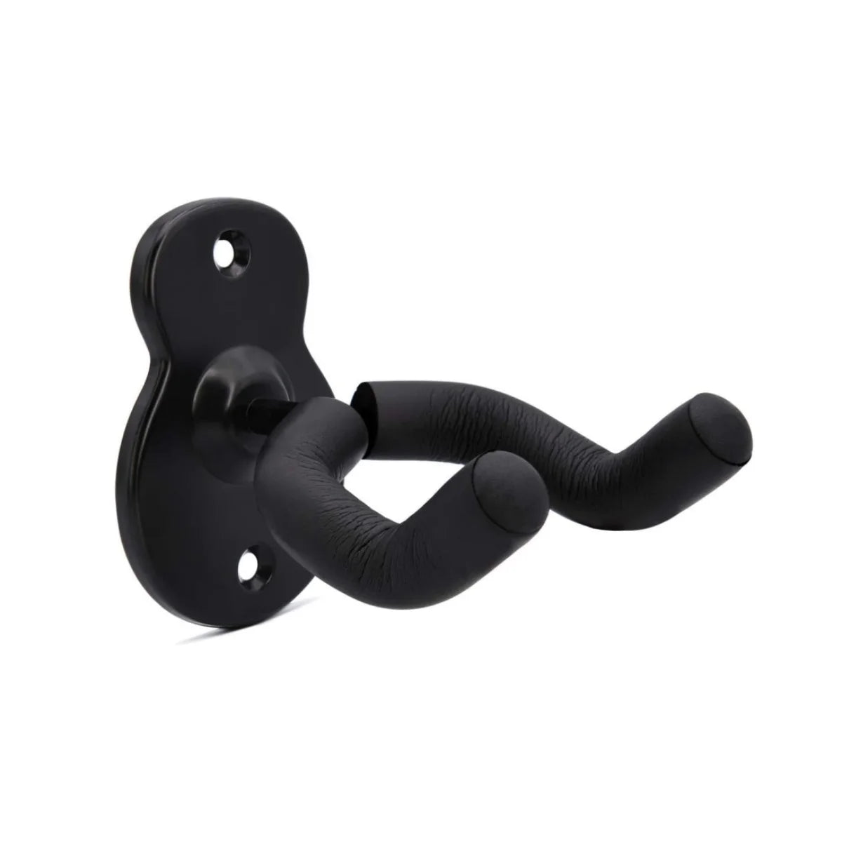 Black adjustable wall-mounted guitar hanger with a curved hook for hanging instruments