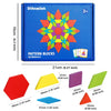A box of pattern blocks featuring a colorful star design and various colored wooden pieces.