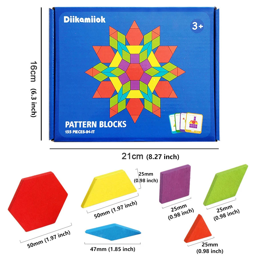 A box of pattern blocks featuring a colorful star design and various colored wooden pieces.