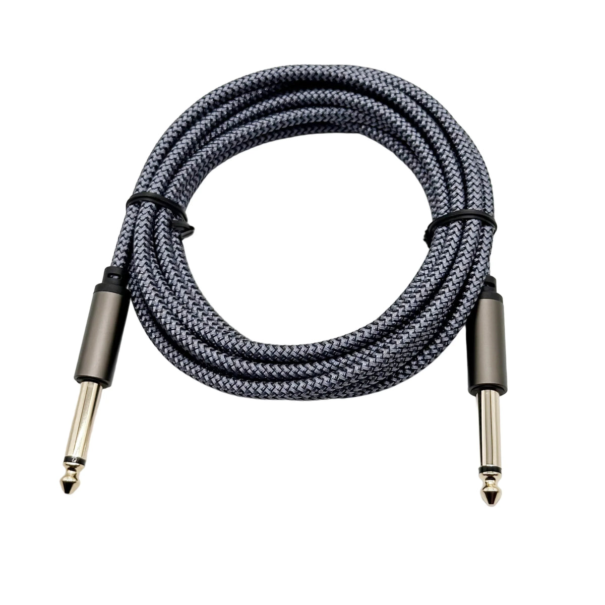 A coiled black instrument cable with a right-angle connector for guitar and bass.