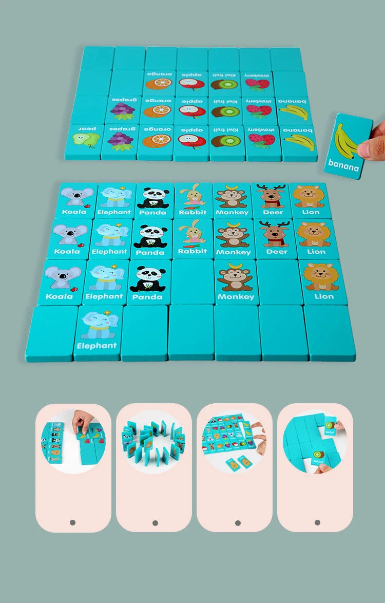 A set of wooden farm and fruit matching puzzles featuring various animals and produce for children.