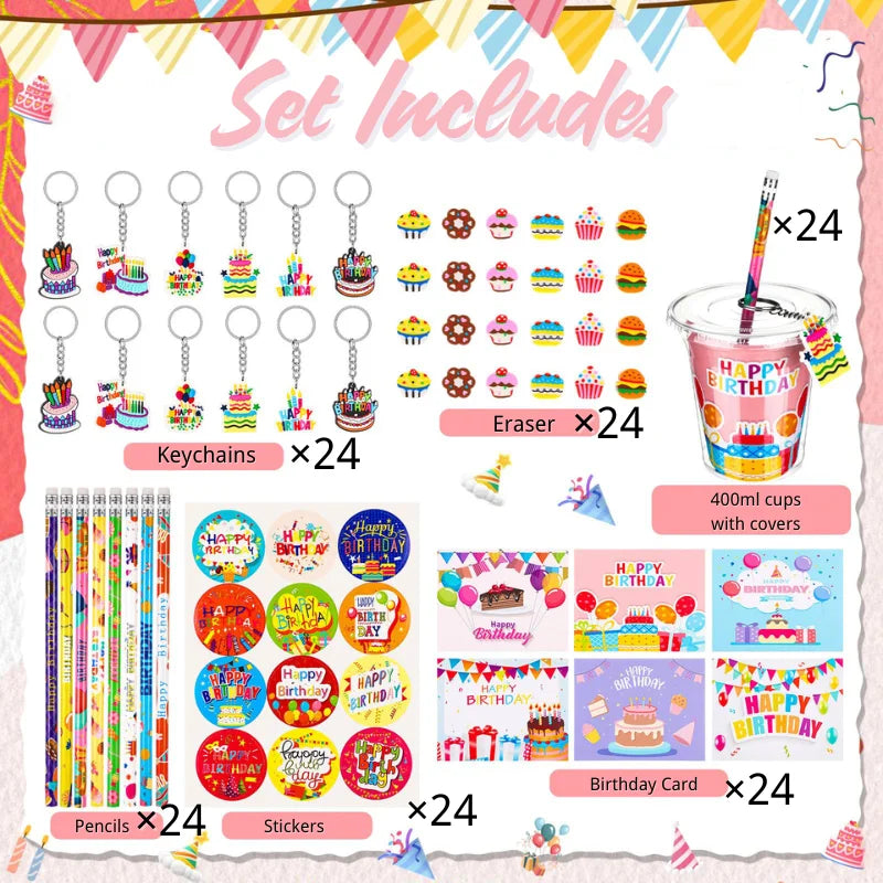 A set of DIY birthday party goodie bags includes cups, stickers, pencils, and a birthday card.